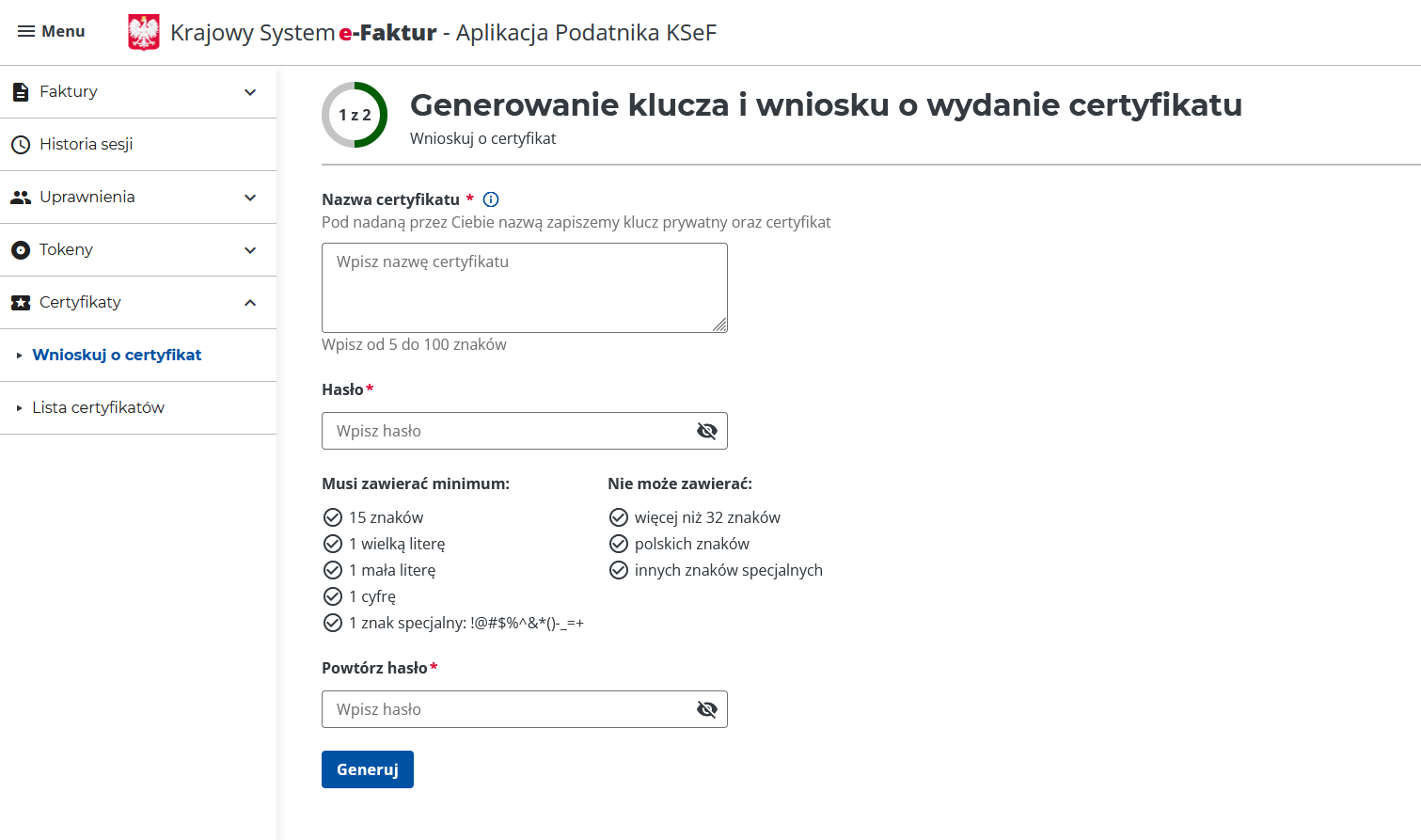Generowanie klucza i wniosku o wydanie certyfikatu