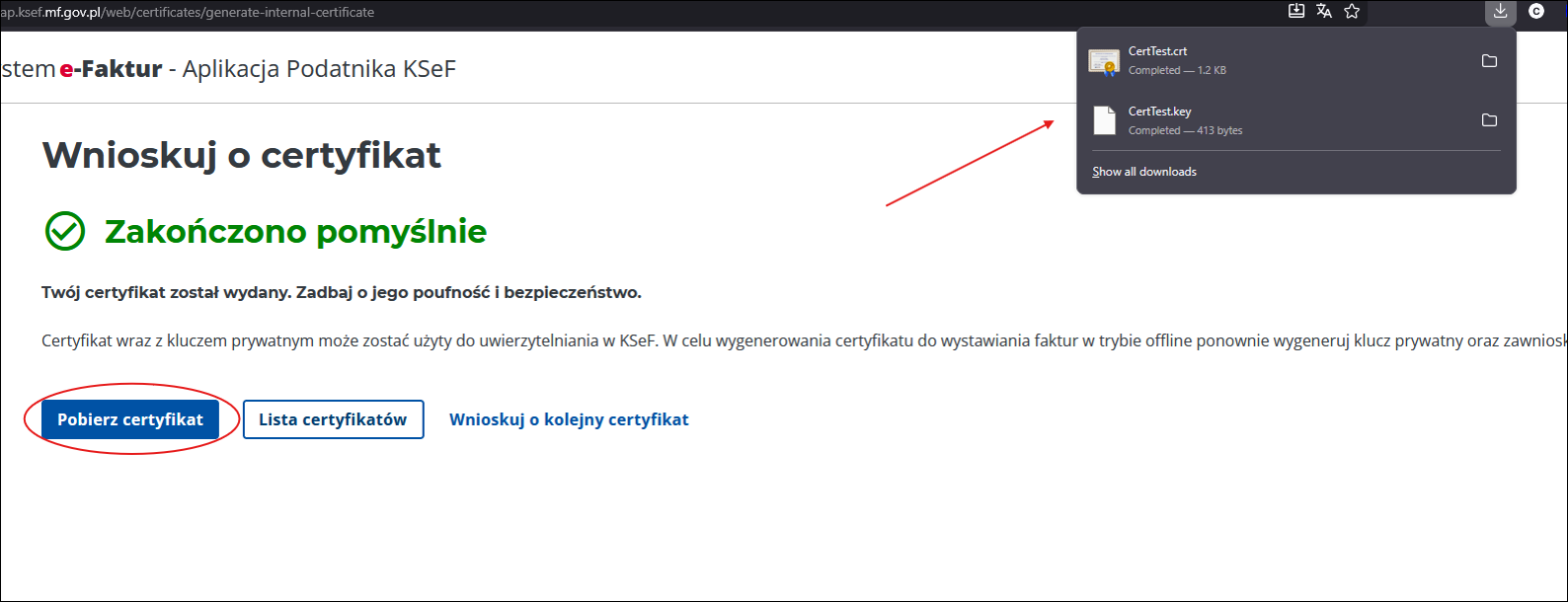 certyfikat KSeF zapisany